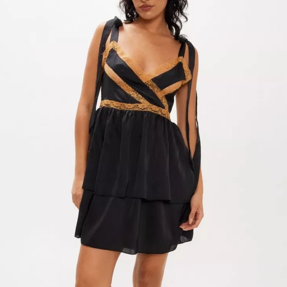 Nasty Gal Satin Tie Shoulder Lace Trim Dress